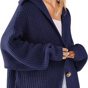 Navy Blue Long Sleeve Slouchy Soft Cable Knit Cardigan Open Front Button Chunky